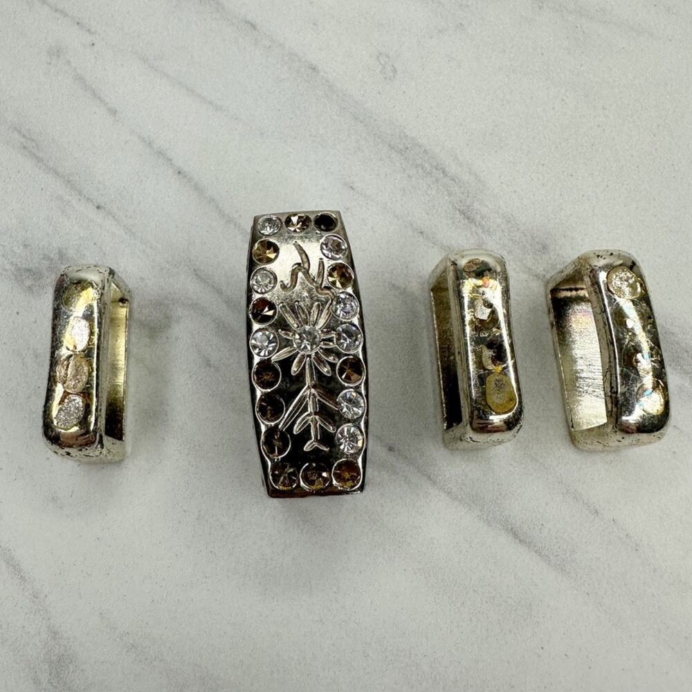 Silver Tone Clear Rhinestone Belt Keeper Loop Lot of 4 Floral Engraved ✨